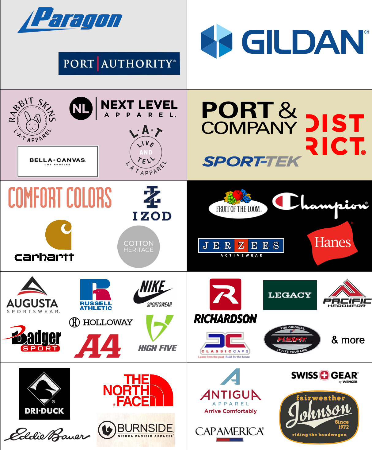 Brands we offer: Gildan, Port Authority, Nike, Carhartt, The North Face, Bella+Canvas, Champion, Hanes, and many more