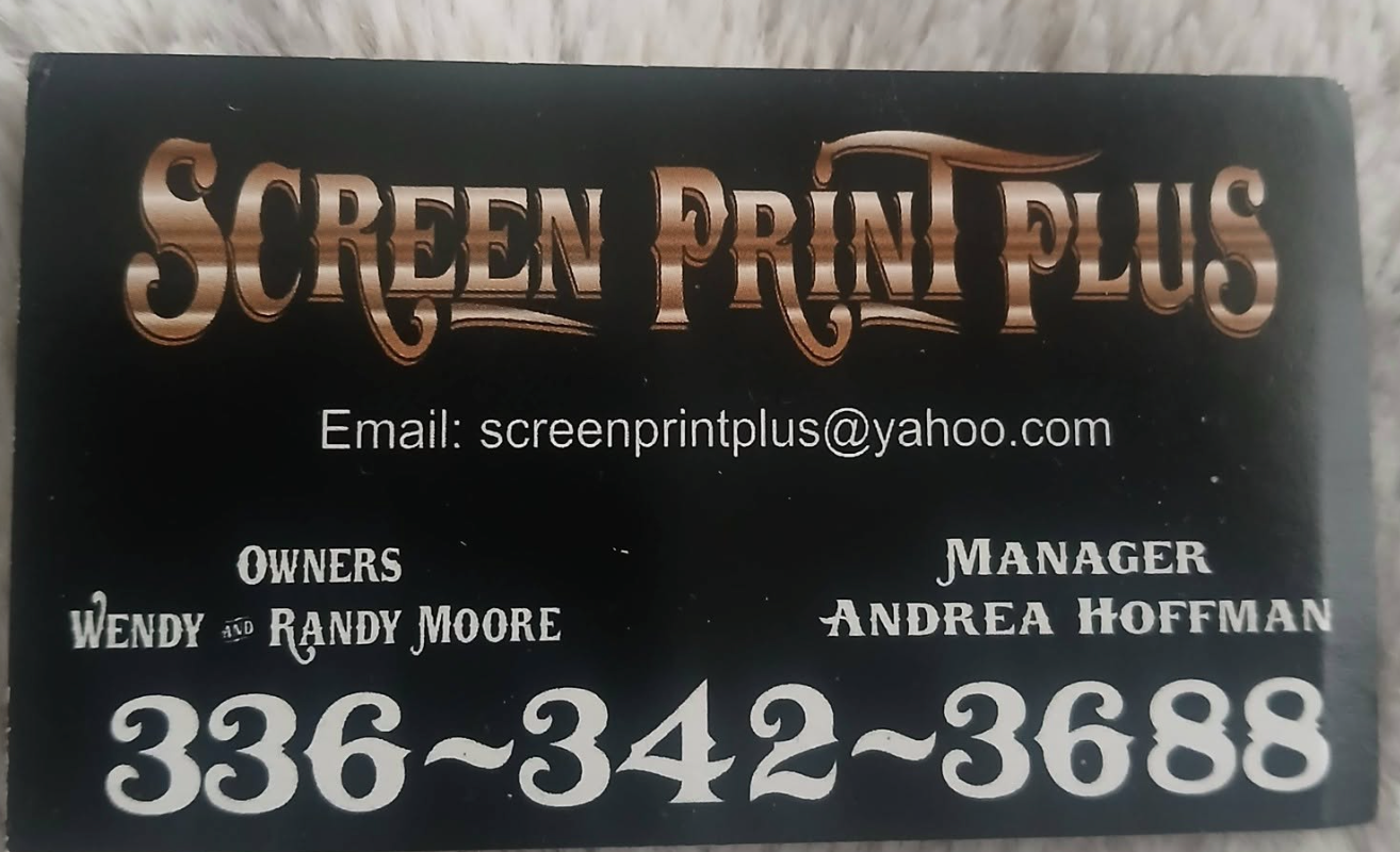 Screen Print Plus business card — Wendy & Randy Moore